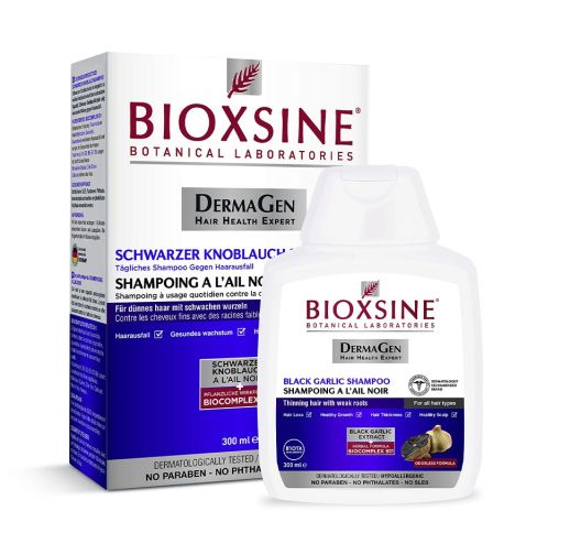 Bioxsine šampūnas nuo plaukų slinkimo su juoduoju česnaku, 300 ml.
