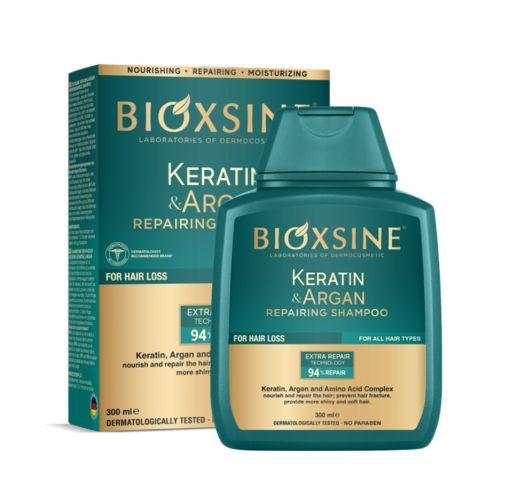 Bioxsine Keratin & Argan atstatomasis plaukų šampūnas, 300 ml.