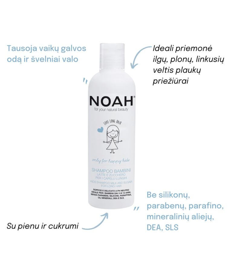 Noah Kids Vaikiškas šampūnas su pienu ir cukrumi ilgiems plaukams, 250 ml 2
