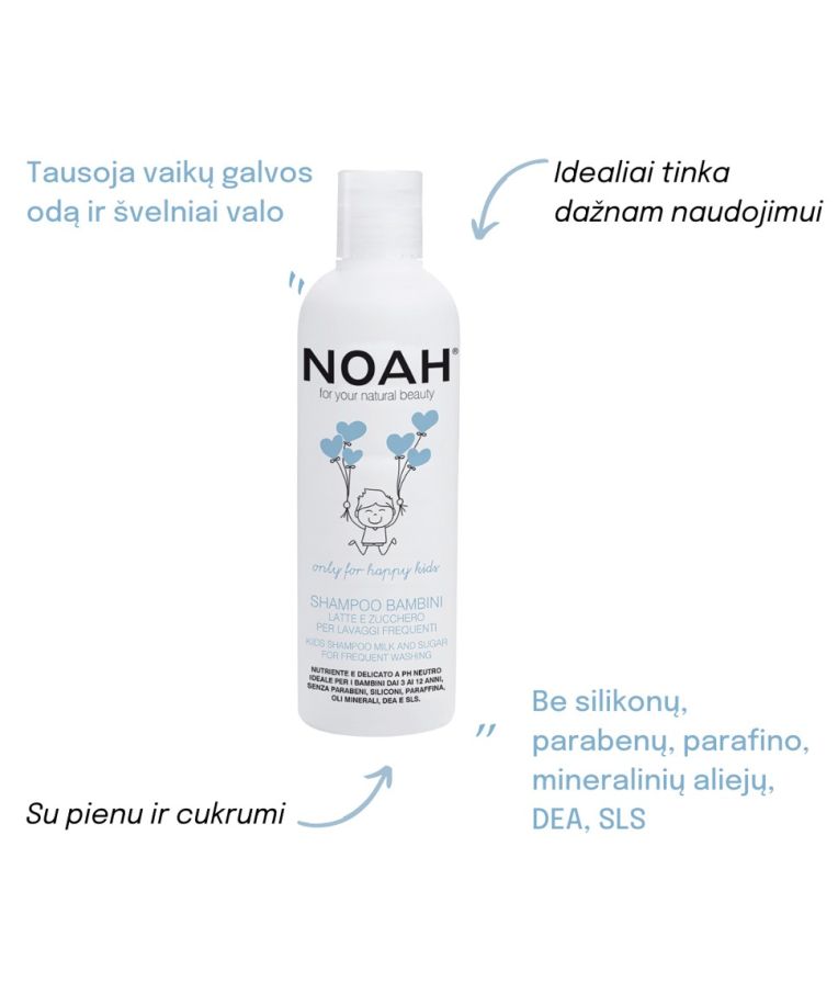 Noah Kids Vaikiškas maitinamasis šampūnas su pienu ir cukrumi dažnam naudojimui, 250 ml 2